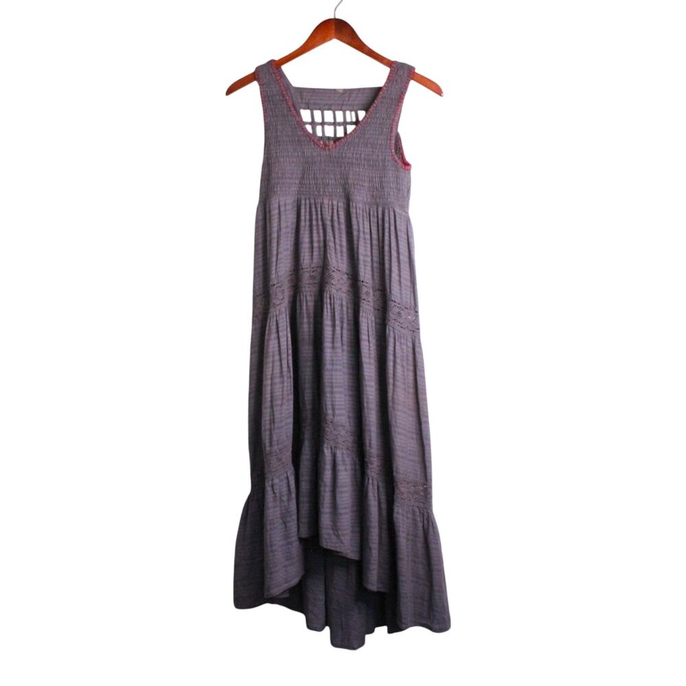 Free People Smocked Tiered Maxi Dress Womens Boho High Low Lattice Grid Taupe XS